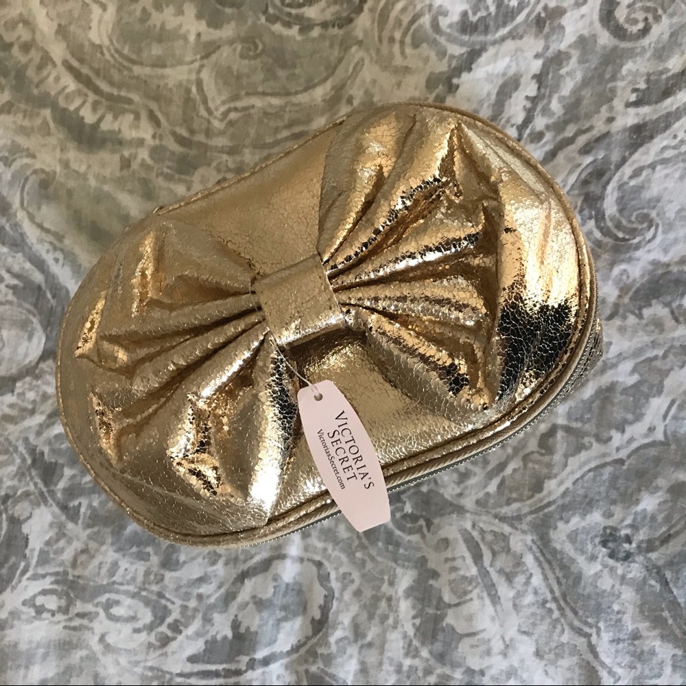 Victoria's Secret Gold Metallic Bow Cosmetic Case